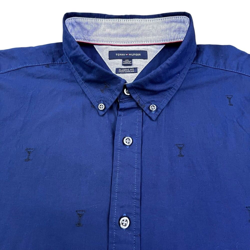 Tommy Hilfiger Shirt Men XXL Blue Martini Glass Embroidery Classic Fit OCBD
